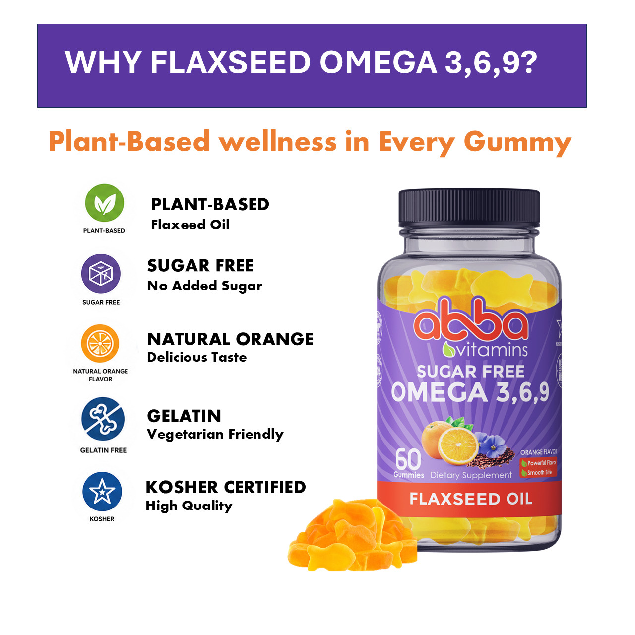 Abba Vitamins Omega Gummy Natural Flavors & color Flaxseed Oil based Star Kosher