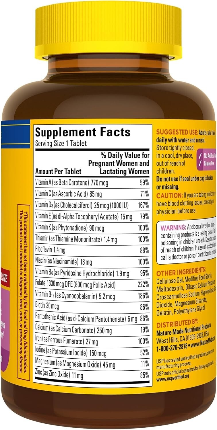 Nature Made Prenatal Multivitamin with Folic Acid 250 Tablets EXP 07/2025