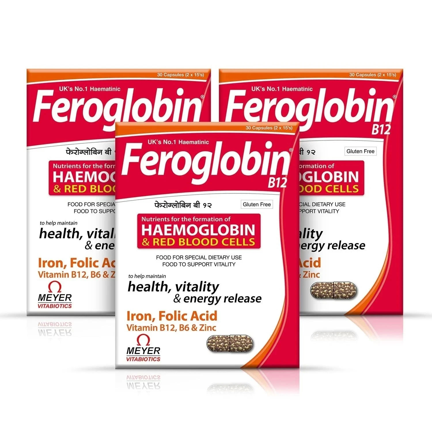 3 x Feroglobin B12 Capsules 30 Iron Folic Acid B6 B12 Zinc Hemoglobin Support