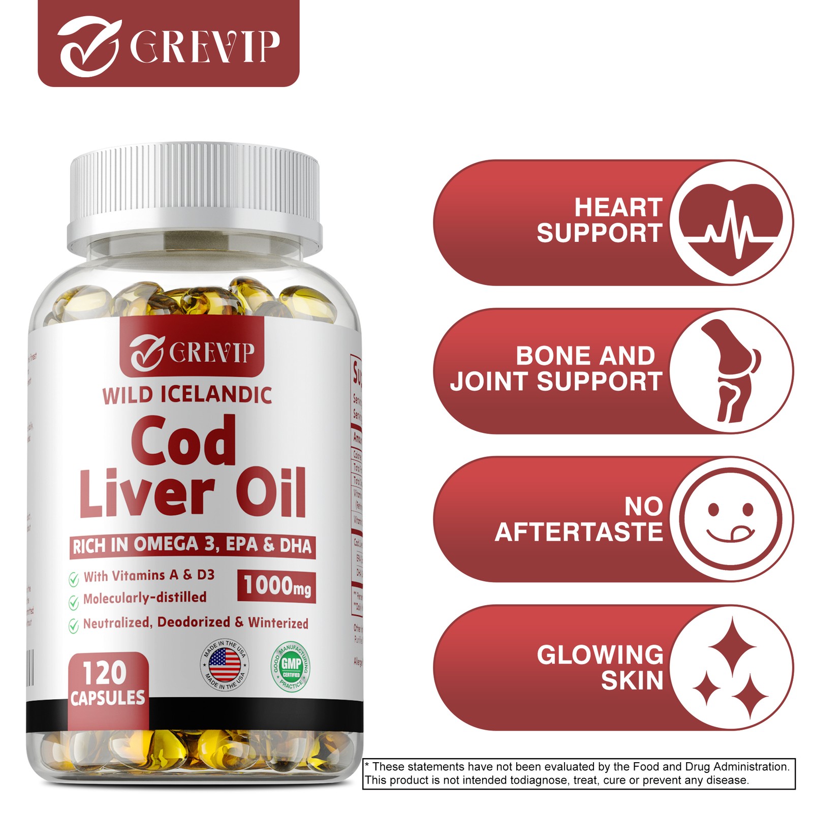 Wild Icelandic Cod Liver Oil Capsules 1000mg – Omega-3 EPA, DHA , Vitamin A & D3