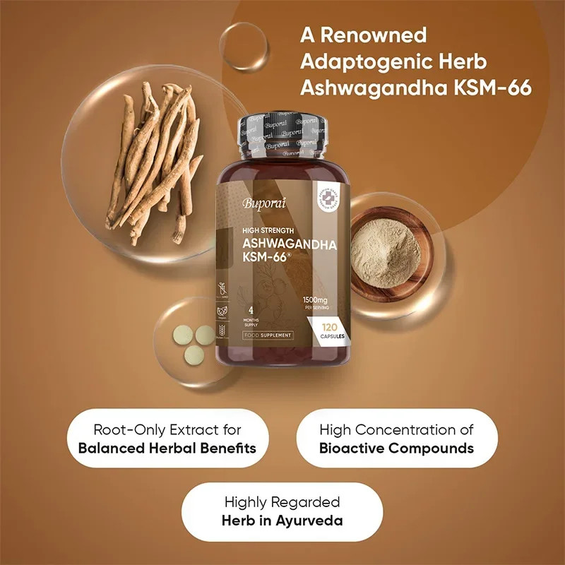 Ashwagandha KSM-66 120pcs, Enhance Muscle Strength, Improve Mood, Absorption