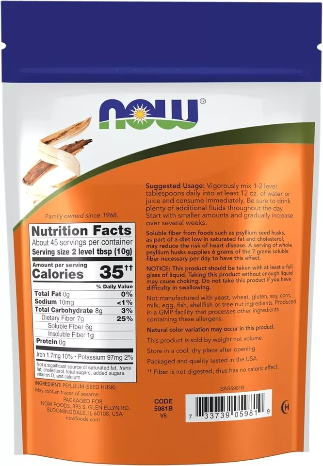 NOW Foods Psyllium Husk Powder 45 Servings Excellent Source of Soluble Fiber
