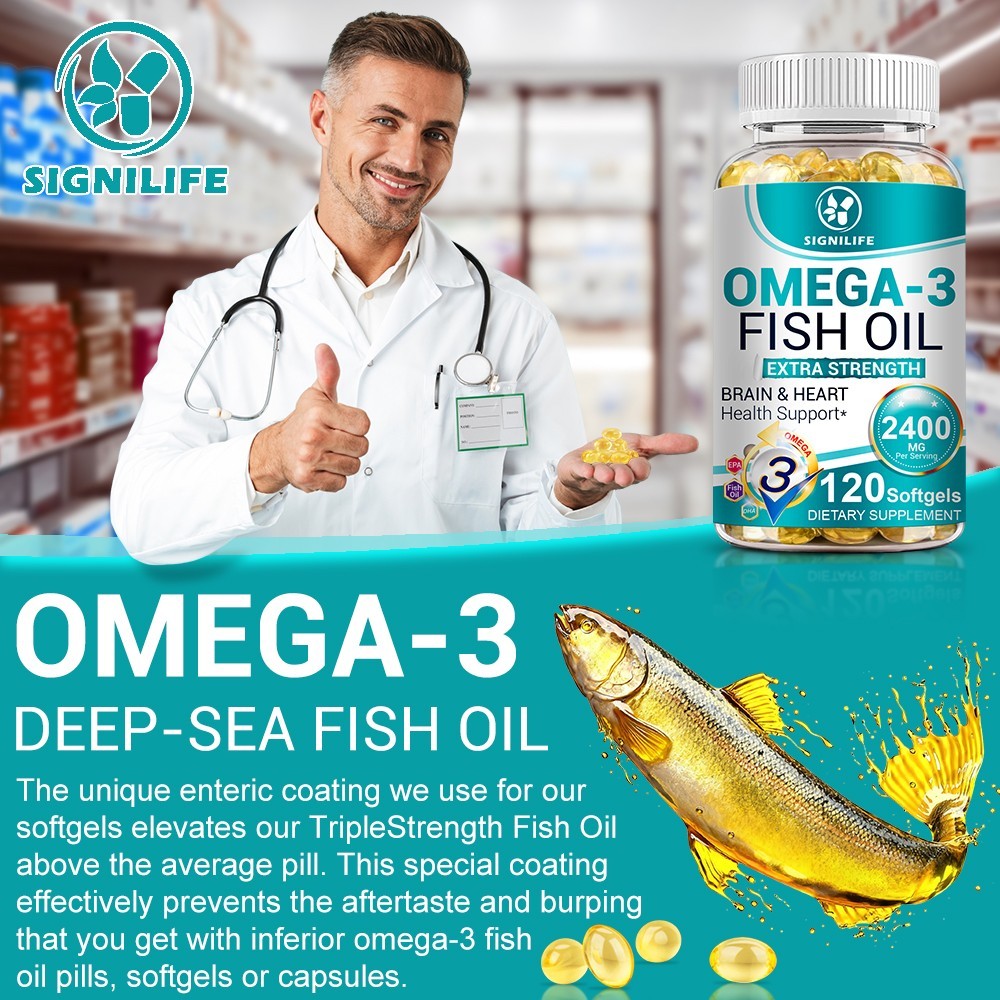 3x Strength EPA & DHA Omega 3 Fish Oil 2400mg, Highest Potency, 4 × 120 Softgels