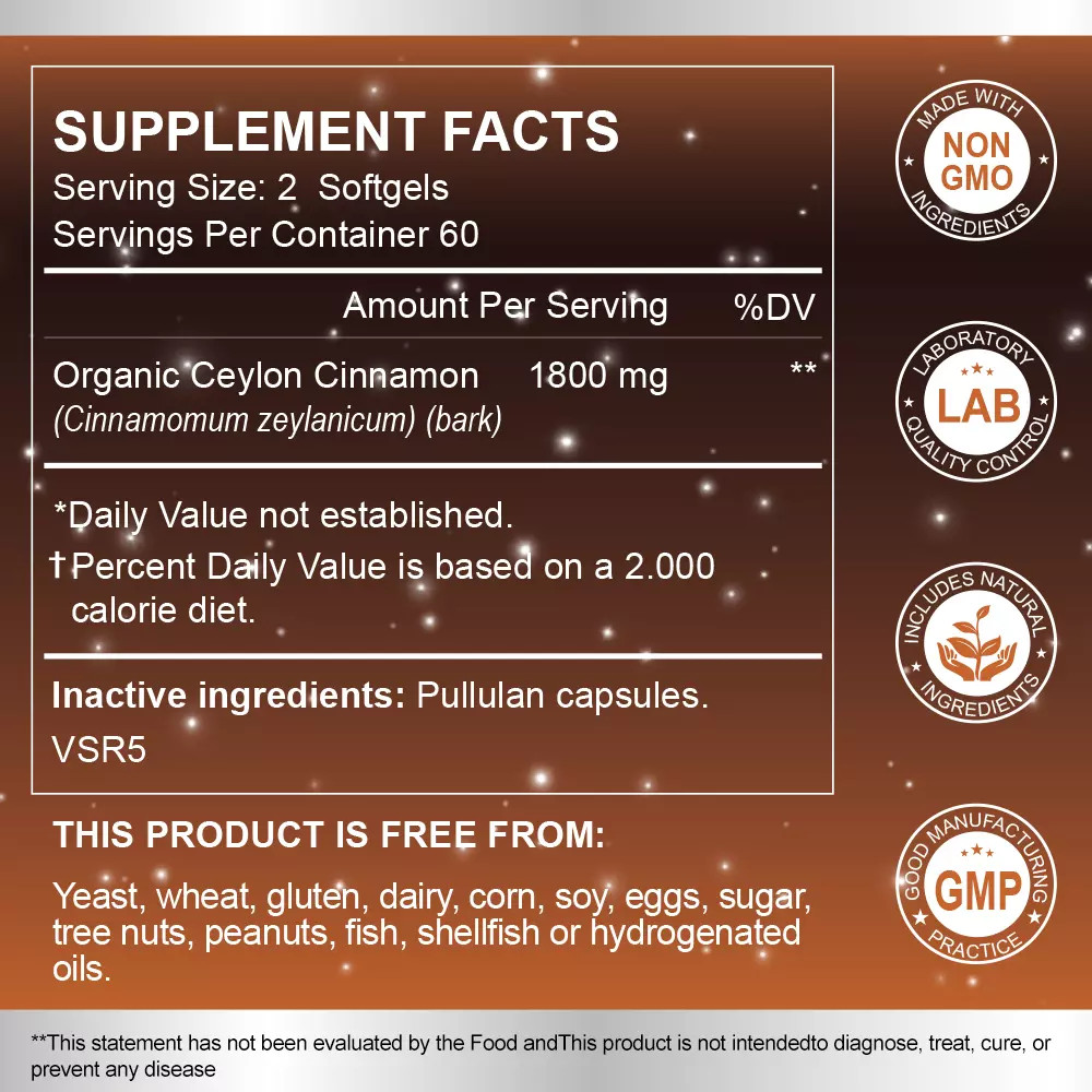 Organic 1800mg Ceylon Cinnamon 240 Capsules Highest Potency Blood Sugar Support