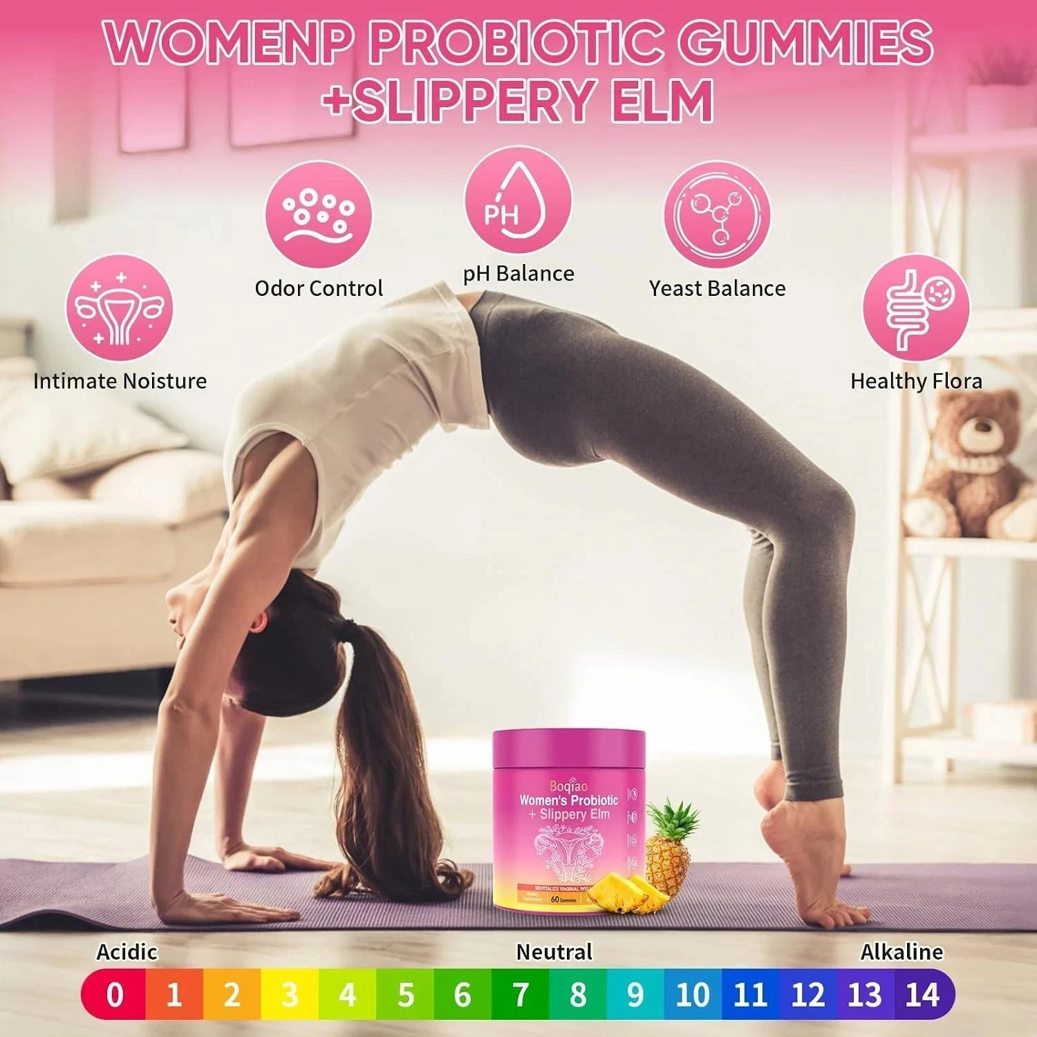 Probiotic Gummies + Slippery Elm Support Flora Women ph Balance Pineapple Flavor
