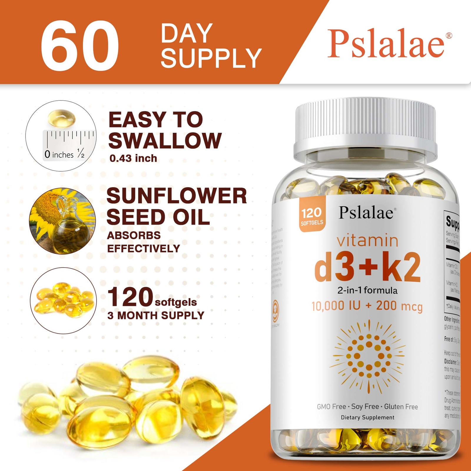 Vitamin D3+K2 Softgels 10000 IU – Immune Support Bone Health Anti-Inflammatory
