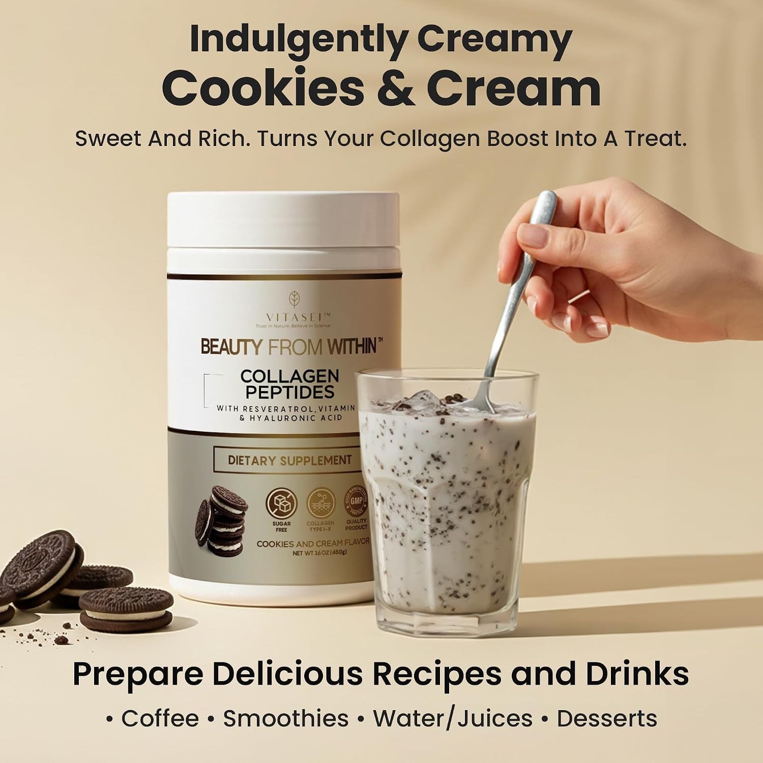 VITASEI Hydrolyzed Collagen Peptides Resveratrol Cookies & Cream 16oz BB 1/2028