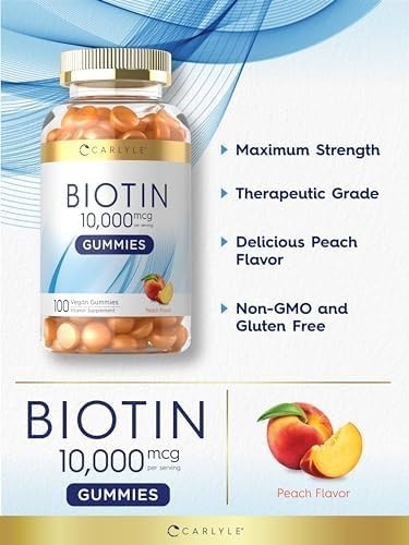 Biotin 10000Mcg Gummies | 100 Count | Peach Flavor Supplement | Vegan, Non-Gm…