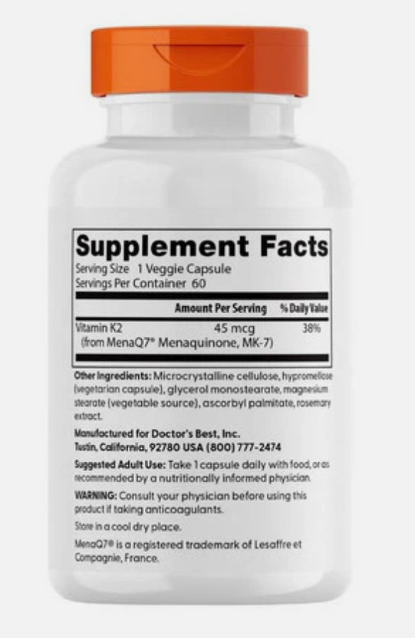 Doctor’s Best Natural Vitamin K2 MK-7 With MenaQ7 60 Veggie Caps EXP 08/2026