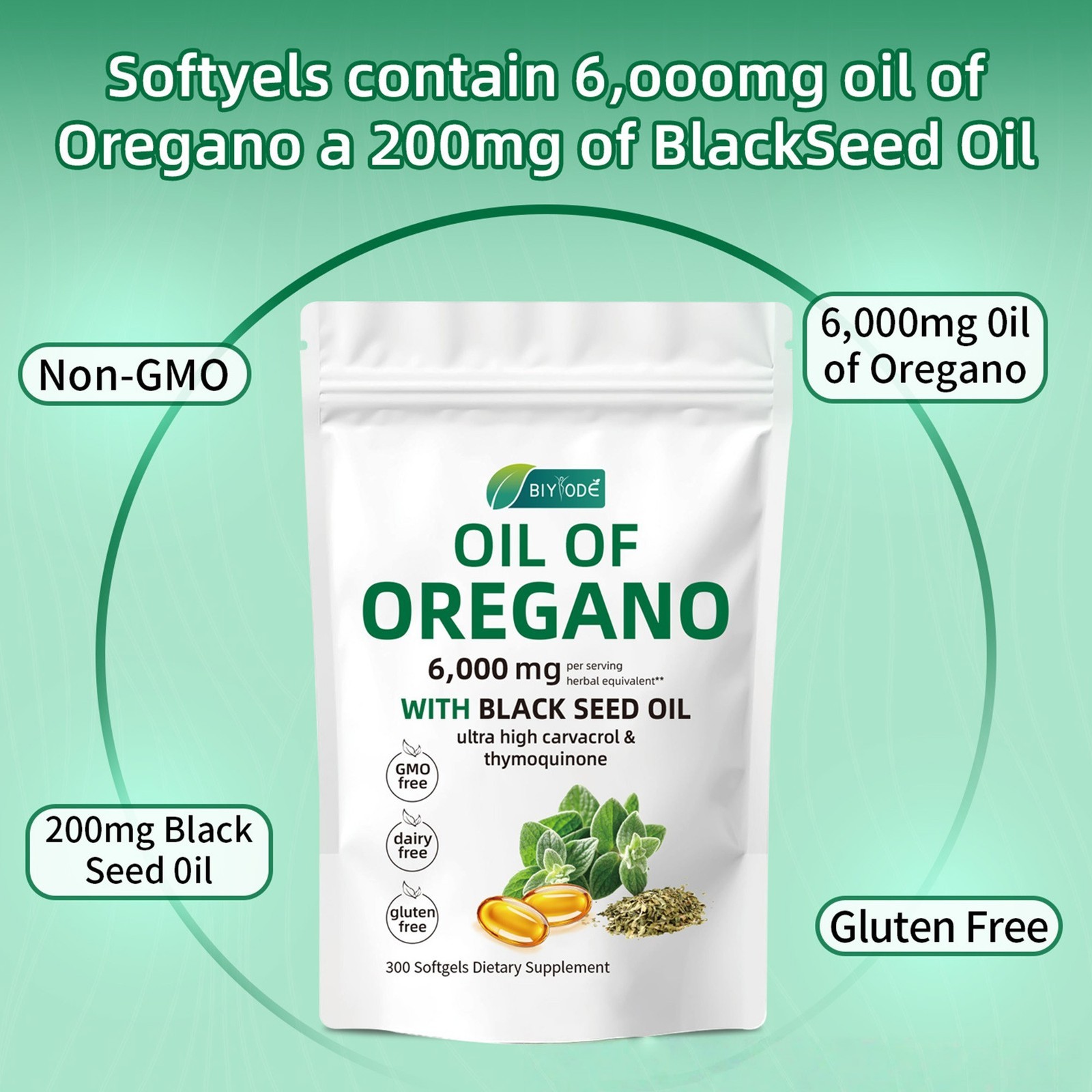 Oil of Oregano 300 Softgels with Black Seed Oil – 6000mg Oregano Oil Strength