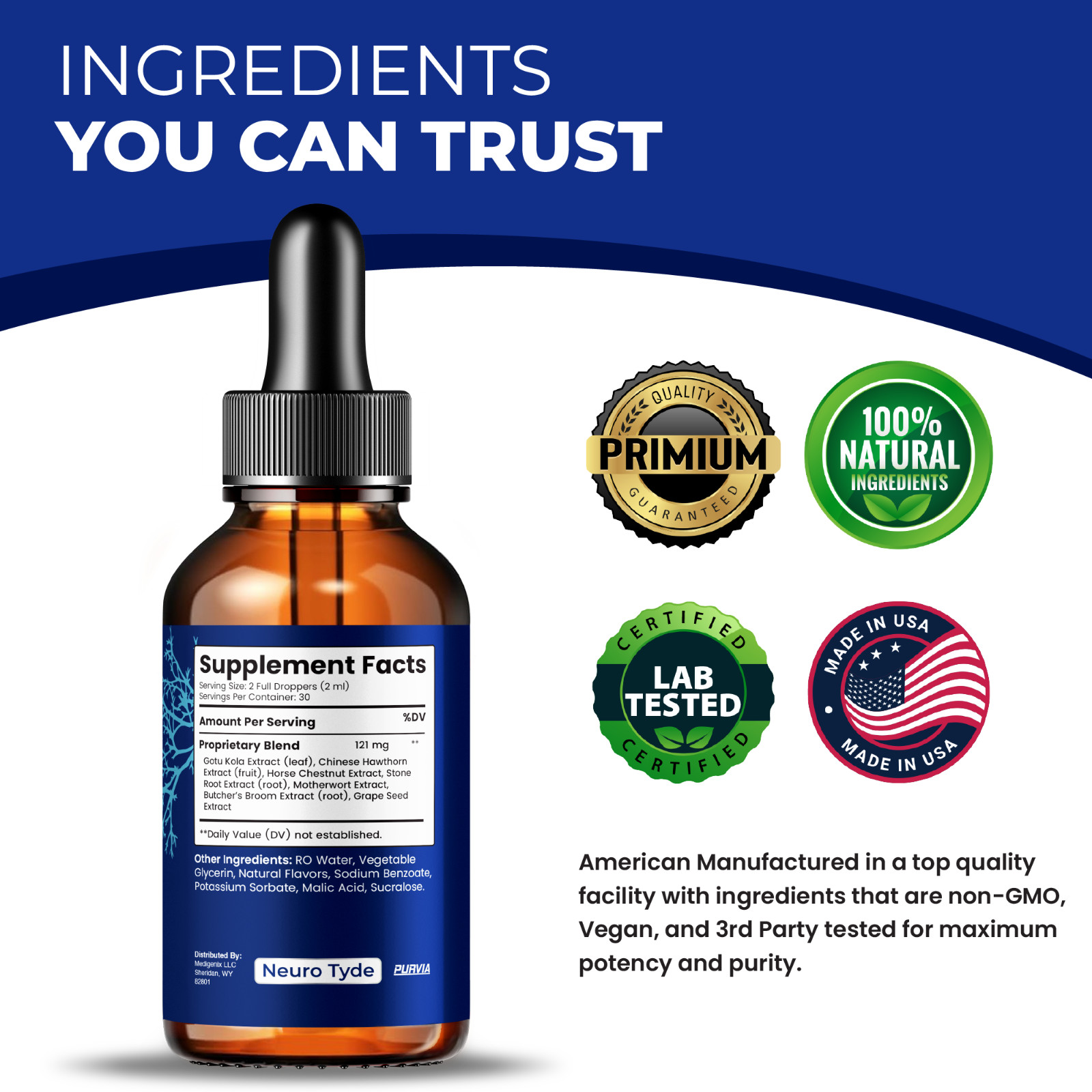 NeuroTyde Drops Liquid Brain Health Supplement Memory Focus Mental Clarity (2oz)