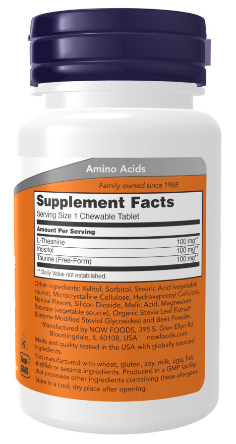 NOW Foods Chewable L-Theanine 100mg 90 Chewables Chews Taurine Inositol 10/23