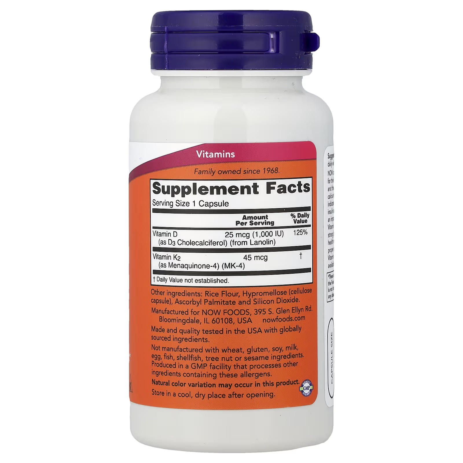 NOW Foods Vitamin D-3 and K-2 120 Veg Capsules