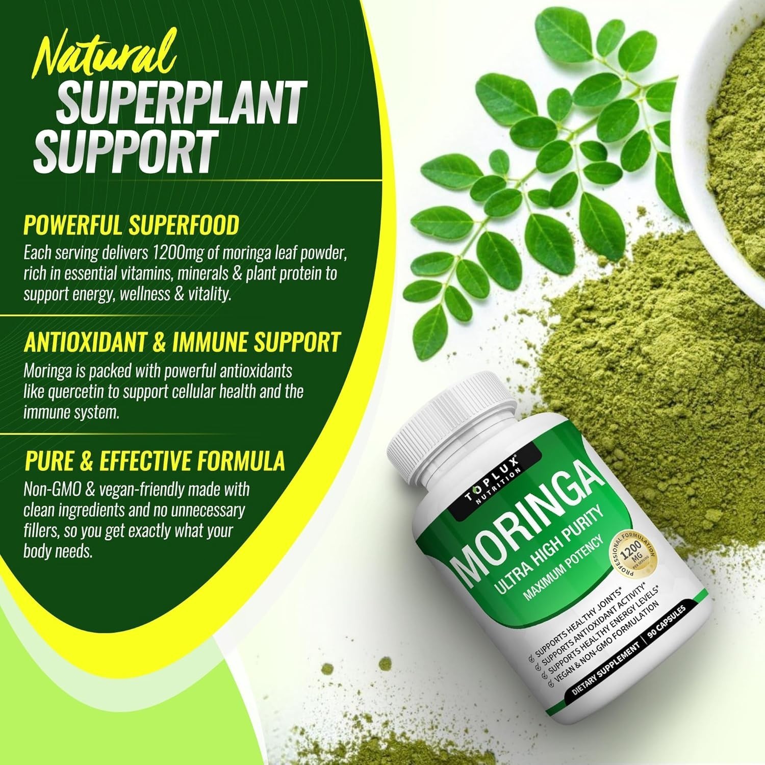 Toplux Moringa Capsules – 3-Pack – 1200mg – 270 Capsules – Vegan, Non-GMO
