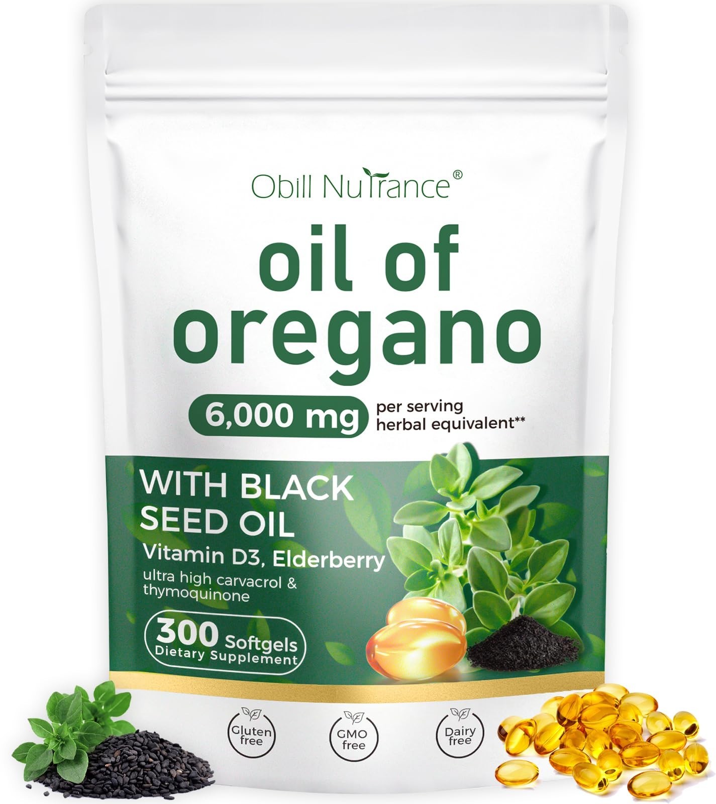 Organic Oregano Oil & Black Seed Oil Softgels, Immune Support, 300 Count, Non-GM