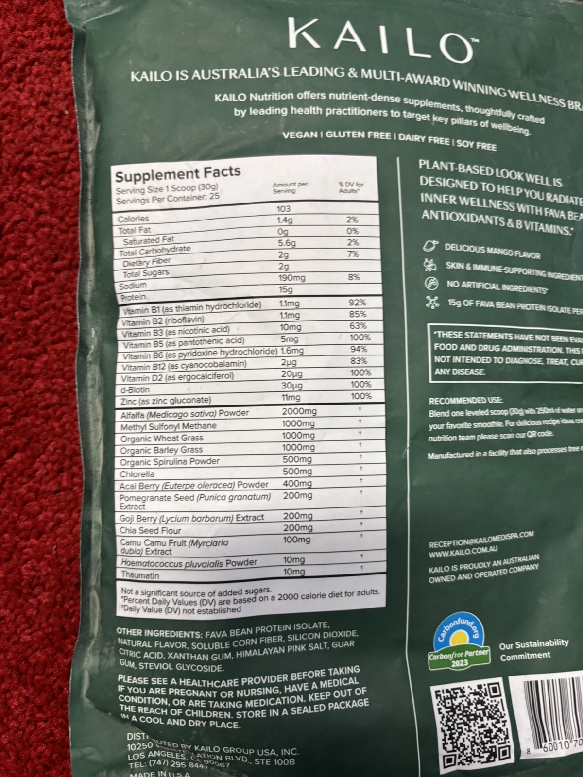 KAILO Nutrition Plant Based Look Well ANYTIME MANGO 750g Exp 12/25