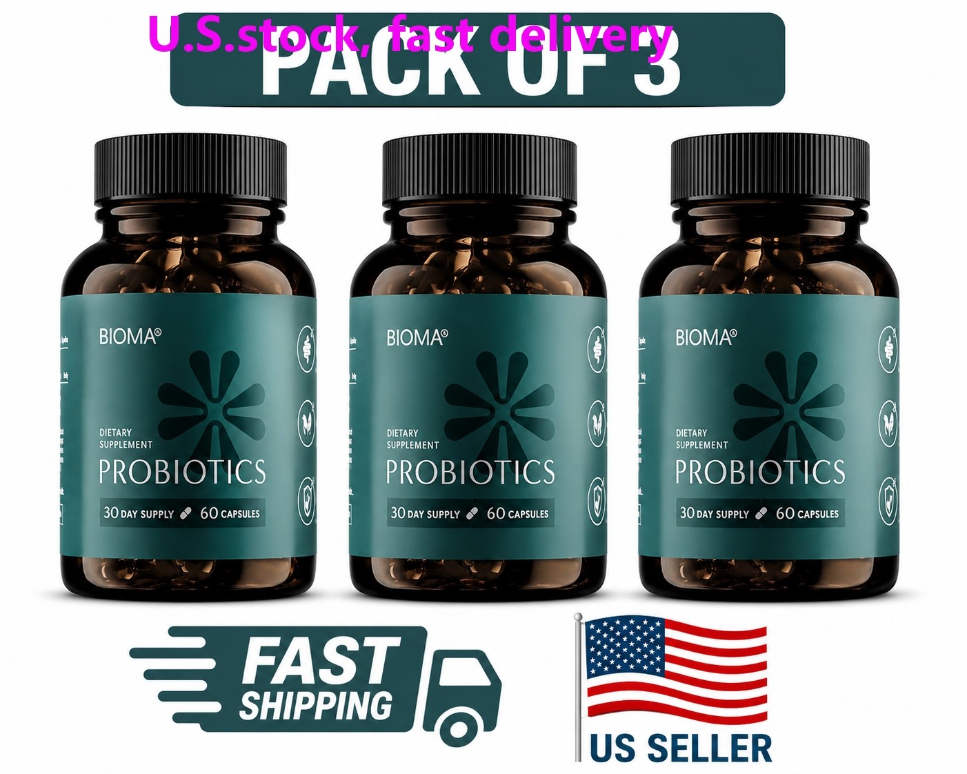Pack Of 3 BIOMA Probiotics Digestive Health Support for Men & Women 60 Capsules