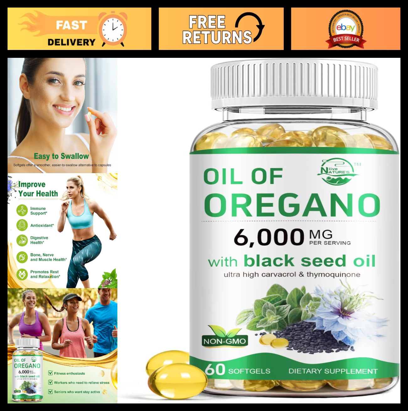 Oregano Oil & Black Seed Oil Supplement | Immune Support, 60 Softgels, 2-in-1