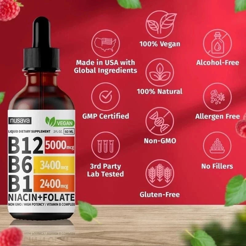 (2-Pack) Nusava B12 Drops 5000mcg – Vegan Liquid Supplement – Raspberry..