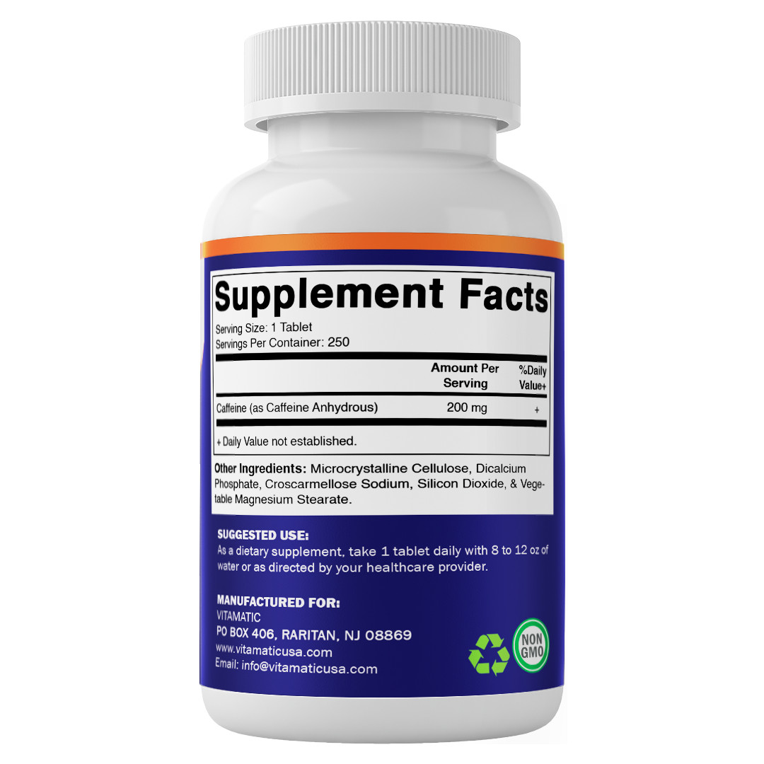 Vitamatic Caffeine Pills 200mg per Serving – 250 Vegetarian Tablets
