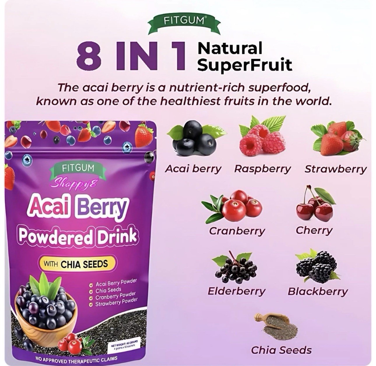 3 Packs FITGUM Acai Berry Drink Powder w/ Chia & Collagen – 30 Sachets