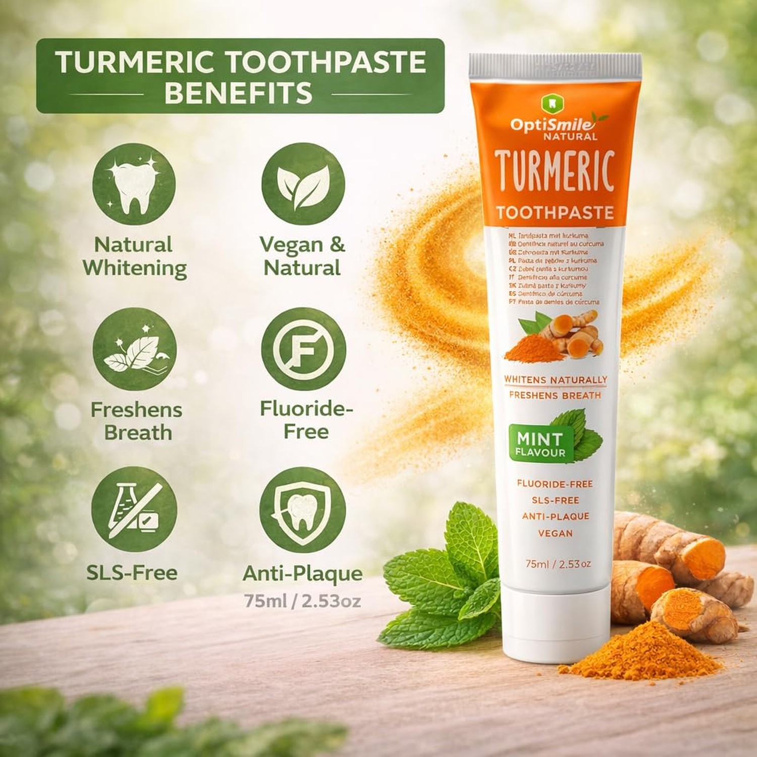 Turmeric Natural White Vegan Fluoride-Free SLS-Free Mint Flavor Anti-Plaque T…