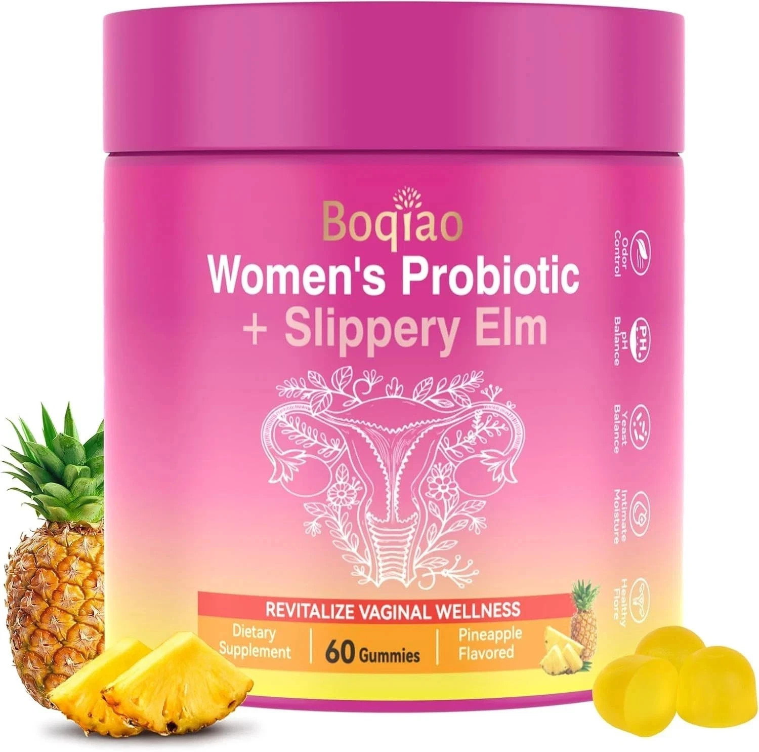Probiotic Gummies + Slippery Elm Support Flora Women ph Balance Pineapple Flavor