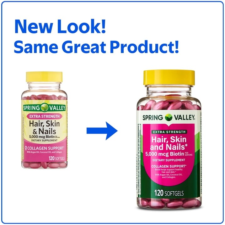 Spring Valley Hair Skin Nails Collagen Support 5000mcg Biotin Softgels 120 Count