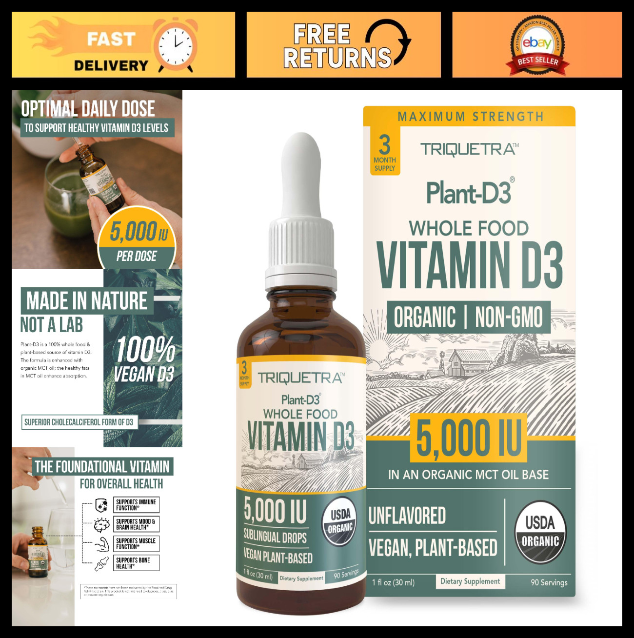 Organic Vitamin D3 5000 IU Liquid Drops – Vegan, Max Strength, High Absorption,
