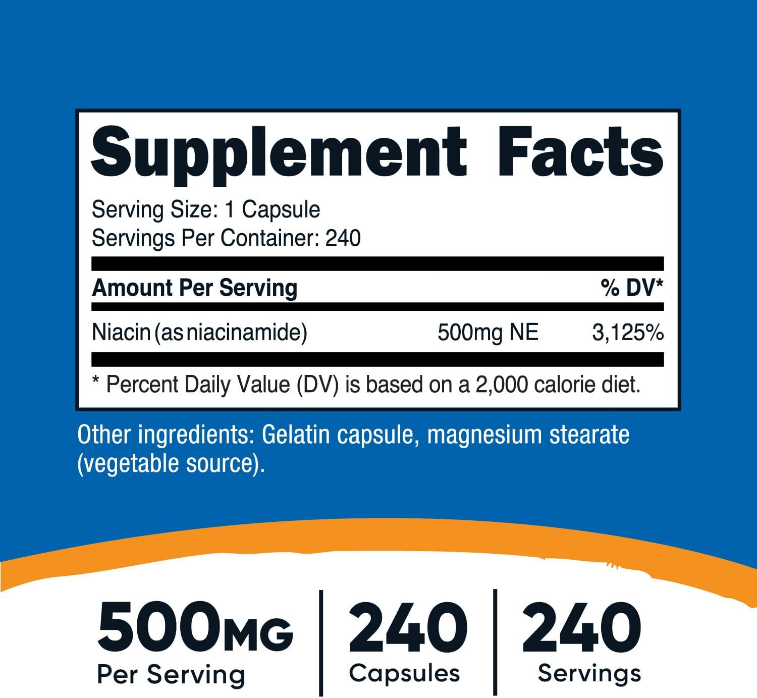 Niacinamide 240 Capsules Vitamin B3 500mg Non GMO Gluten Free High Quality